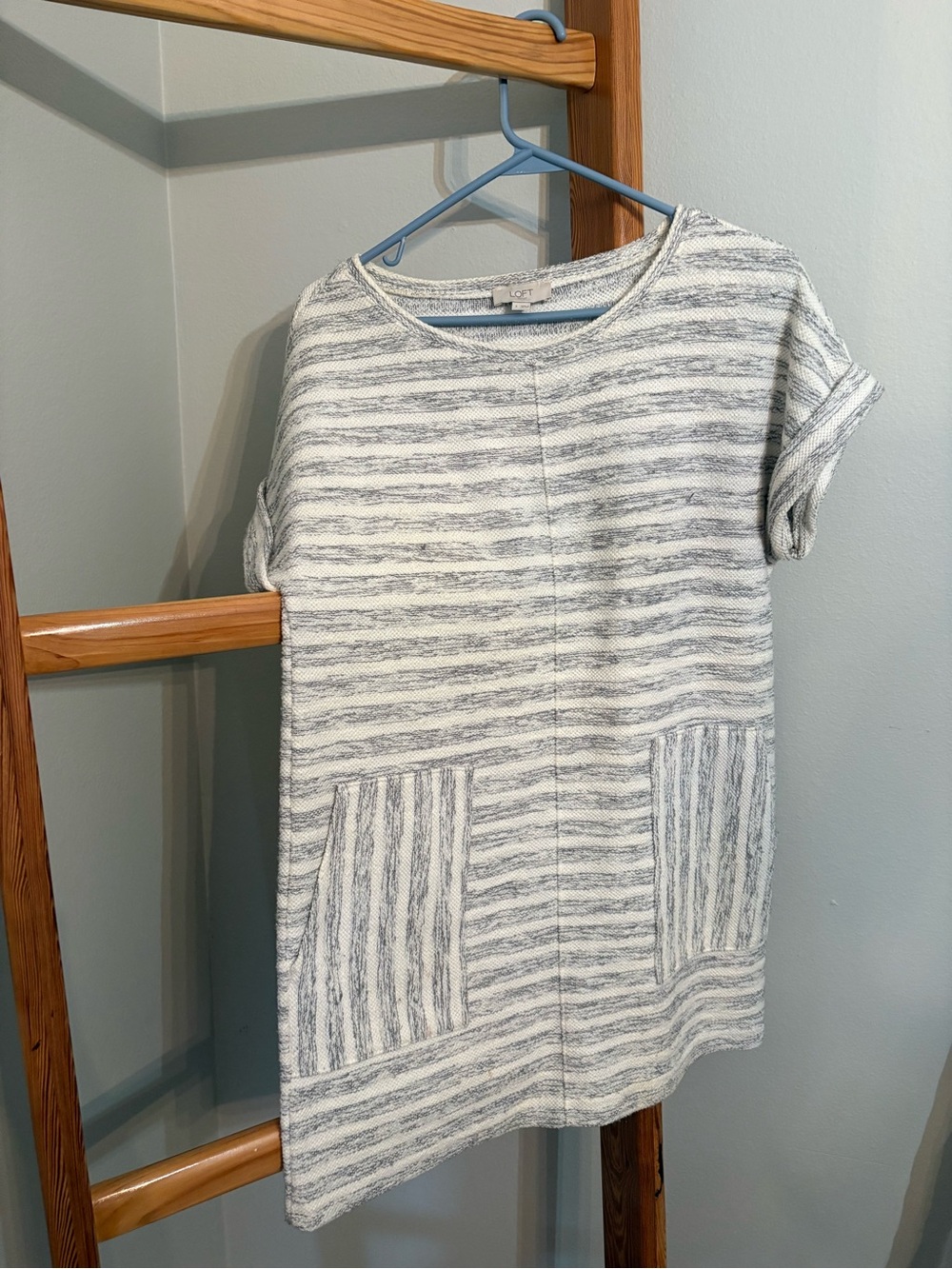 LOFT Gray & White Striped Short Sleeve Tunic  Dress